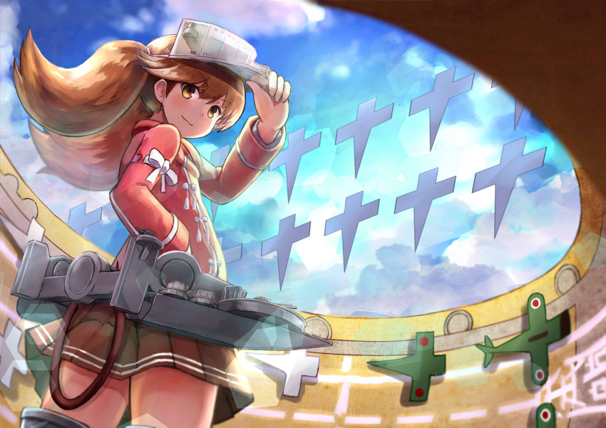&gt;:3 1girl :3 absurdres blue_sky brown_eyes brown_hair clouds cloudy_sky commentary_request cowboy_shot flat_chest hand_on_hip hat_tip highres japanese_clothes kantai_collection kariginu long_hair long_sleeves looking_at_viewer looking_back magatama miniskirt okitsugu onmyouji outdoors pleated_skirt ryuujou_(kantai_collection) scroll shikigami skirt sky smile solo standing twintails visor_cap