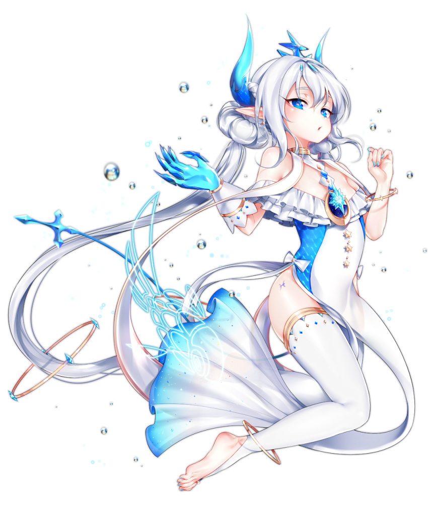 1girl alternate_costume alternate_hairstyle anklet barefoot blue_eyes braid brooch choker double_bun elsword french_braid full_body highres horns jewelry long_hair looking_at_viewer luciela_r._sourcream noblesse_(elsword) parted_lips single_glove solo tangel thigh-highs toe_ring toeless_legwear toeless_socks twintails white_background white_hair white_legwear