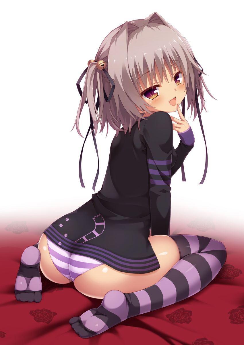 1girl absurdres ass bell blush fang finger_to_mouth gradient_eyes grey_hair hair_bell hair_ornament hair_ribbon hapymaher highres looking_at_viewer looking_back multicolored_eyes naitou_maia panties red_eyes ribbon short_hair simple_background slit_pupils solo striped striped_legwear striped_panties tan thigh-highs underwear yellow_eyes yuzu_modoki