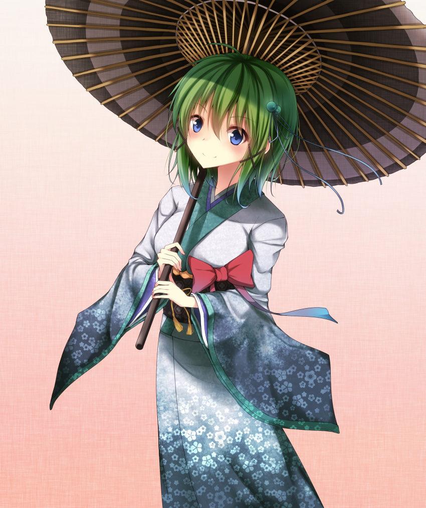1girl absurdres blue_eyes green_hair highres japanese_clothes kimono mage_(335656) oriental_umbrella original short_hair solo umbrella