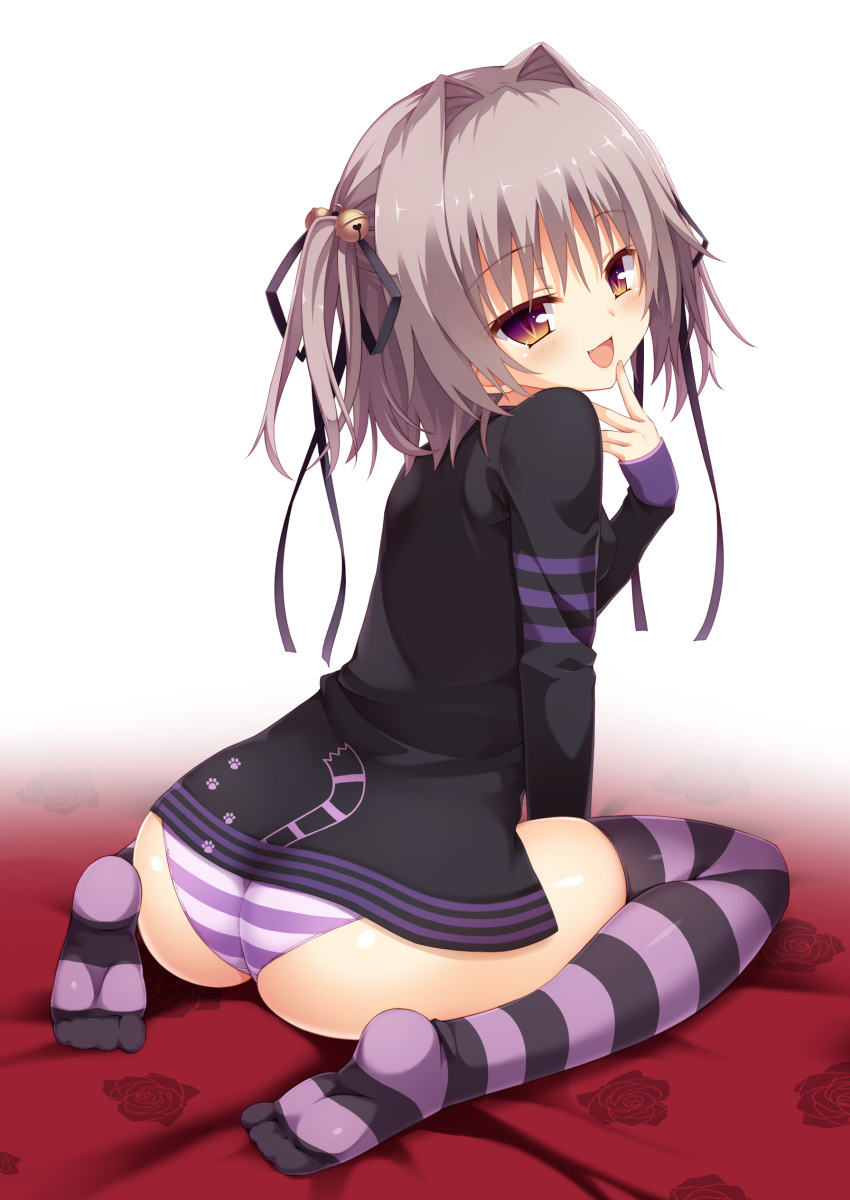 1girl absurdres ass bell blush fang finger_to_mouth gradient_eyes grey_hair hair_bell hair_ornament hair_ribbon hapymaher highres looking_at_viewer looking_back multicolored_eyes naitou_maia panties red_eyes ribbon short_hair simple_background slit_pupils solo striped striped_legwear striped_panties thigh-highs underwear yellow_eyes yuzu_modoki