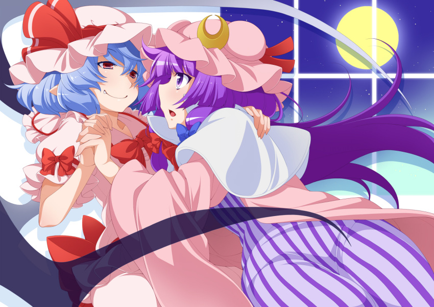 2girls bat_wings blue_hair blush capelet coat crescent dress eichi_yuu eye_contact fang full_moon gloves hat hat_ribbon highres holding_hands interlocked_fingers long_hair long_sleeves looking_at_another mob_cap moon multiple_girls open_clothes open_coat open_mouth patchouli_knowledge pink_dress pointy_ears puffy_short_sleeves puffy_sleeves purple_dress purple_hair red_gloves remilia_scarlet ribbon short_sleeves sky smile star_(sky) starry_sky striped striped_dress touhou very_long_hair violet_eyes wide_sleeves window wings yuri