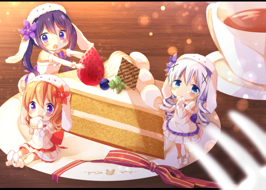 3girls alternate_costume alternate_hairstyle animal_ears bangs berries blue_eyes blue_hair blurry blush bokeh boots bow brown_hair bunny_hat chibi chocolate christmas curly_hair depth_of_field dress drill_hair eating flower food food_on_face fork fruit gloves gochuumon_wa_usagi_desu_ka? hair_flower hair_ornament hairclip high_heel_boots high_heels holding holding_food holding_fruit hot_chocolate hoto_cocoa kafuu_chino legs_apart long_hair looking_at_viewer merry_christmas minigirl mint multiple_girls open_mouth outstretched_arms oversized_object plate pleated_dress purple_bow purple_flower purple_hair purple_ribbon rabbit_ears red_flower red_ribbon ribbon sakuramocchi sitting sleeveless sleeveless_dress slice_of_cake standing strawberry tedeza_rize twin_drills twintails violet_eyes white_boots white_bow white_dress white_gloves white_hat wooden_table x_hair_ornament