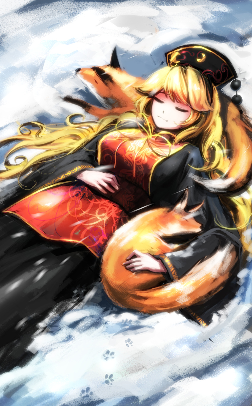 1girl animal black_dress breasts chinese_clothes closed_eyes crescent curly_hair dress footprints fox hand_on_own_stomach highres hijiwryyyyy junko_(touhou) large_breasts long_hair long_sleeves lying motion_blur on_back pom_pom_(clothes) ribbon sleeping smile snow snowflakes snowing solo tabard touhou very_long_hair yellow_ribbon