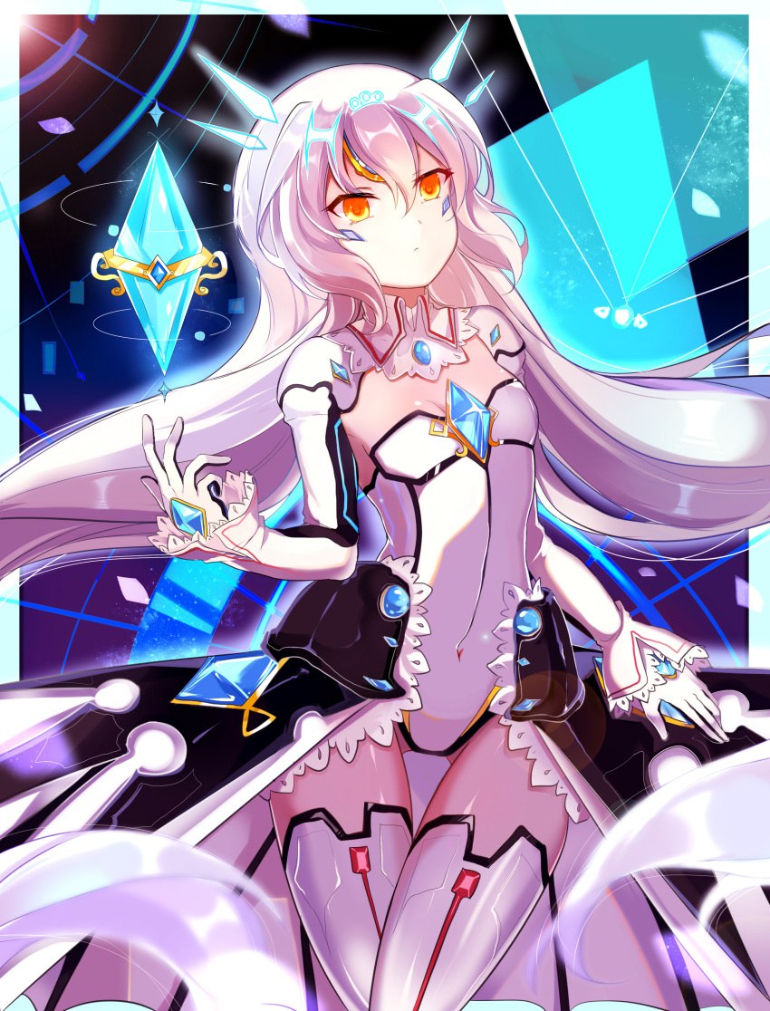 1girl absurdres blue_background code:_battle_seraph_(elsword) covered_navel cowboy_shot detached_collar elsword eve_(elsword) expressionless gloves highres leotard long_hair looking_to_the_side orange_eyes solo thigh-highs thigh_gap white_hair white_legwear xinghuo yellow_eyes