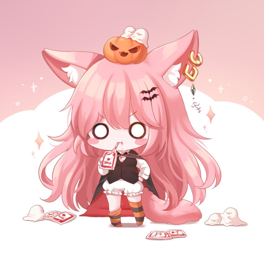 1girl :t animal_ear_fluff animal_ears black_cape black_vest blood blood_bag bloomers blush_stickers cape chibi closed_mouth collared_shirt copyright_request creature drinking ear_piercing fang fang_out full_body hand_on_hip hand_up highres honyang jack-o'-lantern long_hair long_sleeves looking_at_viewer no_shoes o_o piercing pink_background pink_hair red_cape shirt solo sparkle standing striped striped_legwear tail thigh-highs thighhighs_pull tomato_juice two-tone_background underwear v-shaped_eyebrows very_long_hair vest white_background white_bloomers white_shirt