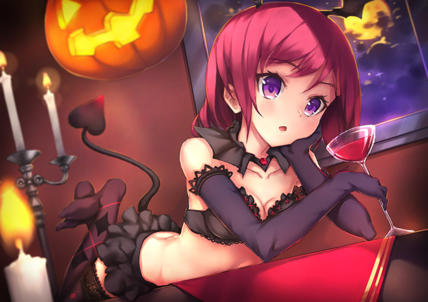 1girl alcohol black_bra black_gloves black_legwear blush bra breasts cleavage cup demon_tail drinking_glass elbow_gloves full_moon gloves head_wings heart heart_tail jack-o'-lantern looking_at_viewer love_live!_school_idol_project lying moon nishikino_maki on_stomach parfaitlate parted_lips purple_hair skirt solo tail thigh-highs underwear violet_eyes wine wine_glass