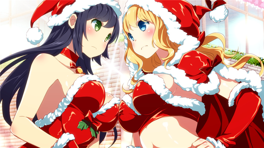 &gt;:( 2girls angry arguing asymmetrical_docking bangs bare_shoulders bell bell_choker black_hair blonde_hair blue_eyes blush body_blush bow breast_press breasts brick_wall bustier choker christmas cleavage cloak colored_eyelashes crop_top detached_sleeves dress eye_contact face-to-face from_side frown fur_trim game_cg gloves green_eyes hand_on_hip hands_on_hips hat holly hood hooded_cloak inma itsumi_(sakura_santa) large_breasts long_hair looking_at_another midriff multiple_girls red_dress red_gloves sakura_santa santa_(sakura_santa) santa_costume santa_hat shiny shiny_clothes shiny_skin sideboob sparkle strapless strapless_dress upper_body very_long_hair wavy_hair window