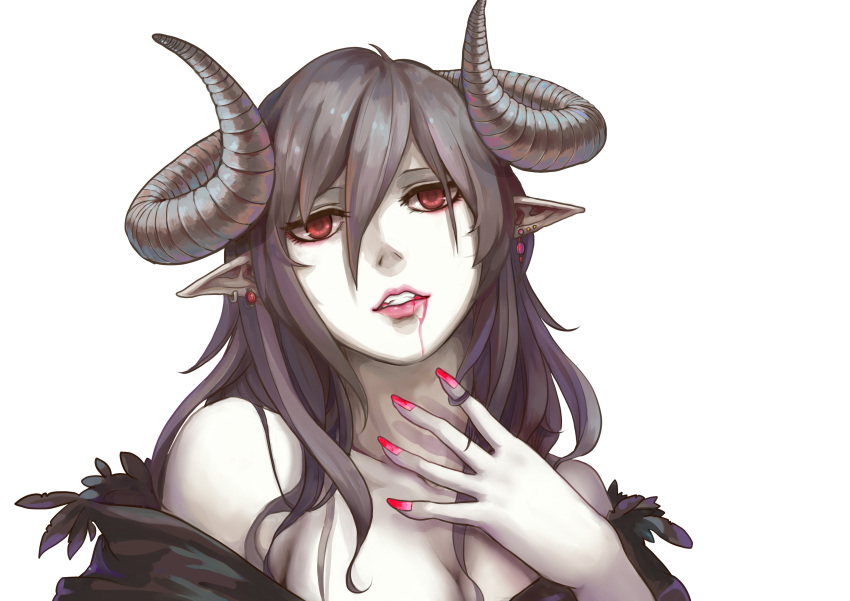 1girl absurdres aoiakamaou bangs bare_shoulders black_hair blood blood_from_mouth breasts cleavage clenched_teeth demon_horns earrings hair_between_eyes hair_twirling highres horns jewelry long_hair looking_at_viewer nail_polish original pale_skin pink_lips pointy_ears portrait red_eyes red_nails simple_background solo white_background