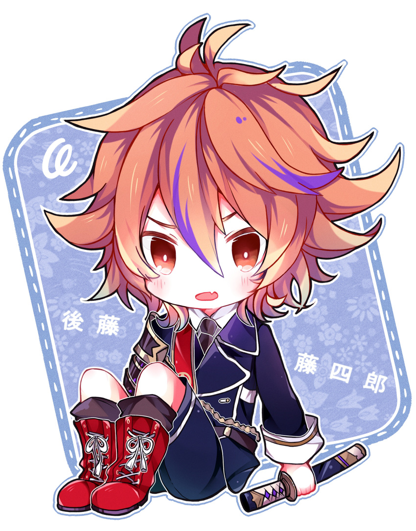 1boy absurdres armor boots brown_eyes brown_hair chibi cross-laced_footwear fang gaito-san gotou_toushirou highres japanese_armor lace-up_boots male_focus military military_uniform multicolored_hair necktie open_mouth sitting sode squiggle streaked_hair tantou touken_ranbu uniform weapon