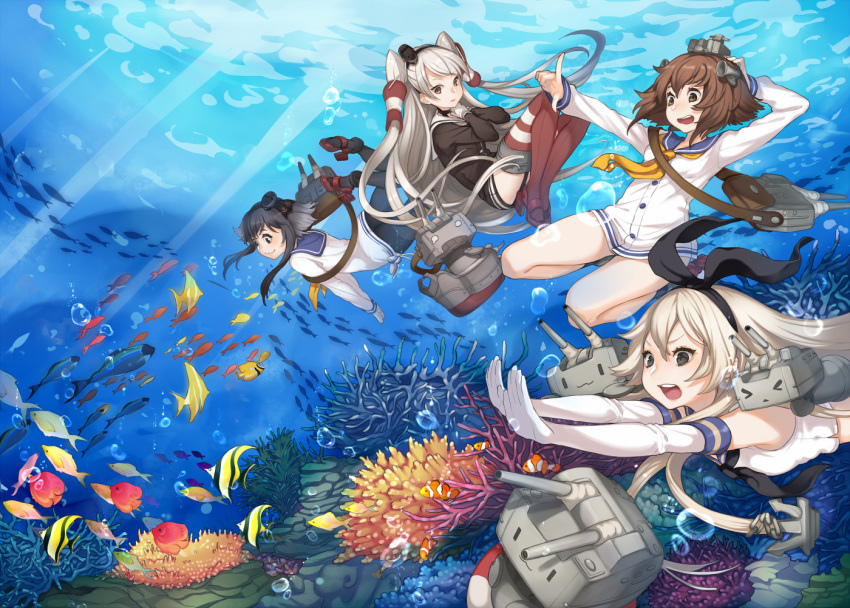&gt;_&lt; 4girls :3 :d air_bubble amatsukaze_(kantai_collection) anchor_hair_ornament angelfish bangs bare_legs binoculars black_dress black_hair blonde_hair brown_hair closed_eyes closed_mouth clownfish coral crop_top diving dress elbow_gloves fetal_position fish freediving garter_straps gloves hair_ornament hair_tubes hairband hand_on_own_head headgear holding_breath kantai_collection legs_folded lifebuoy long_hair long_sleeves multiple_girls open_mouth outstretched_arms red_legwear red_shoes rensouhou-chan rensouhou-kun ribbon sailor_dress shimakaze_(kantai_collection) shoes short_dress short_hair short_hair_with_long_locks side-tie_costume silver_hair sleeveless smile striped striped_legwear swept_bangs teeth thigh-highs tokitsukaze_(kantai_collection) two_side_up underwater very_long_hair white_dress white_gloves windsock youcapriccio yukikaze_(kantai_collection)