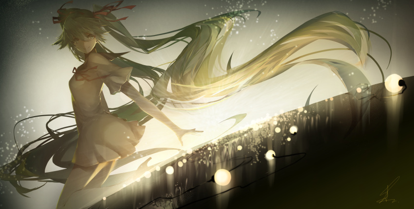 1girl absurdly_long_hair backlighting dress from_side green_eyes green_hair hair_ribbon hatsune_miku highres long_hair ribbon saihate_(artist) smile solo twintails very_long_hair vocaloid