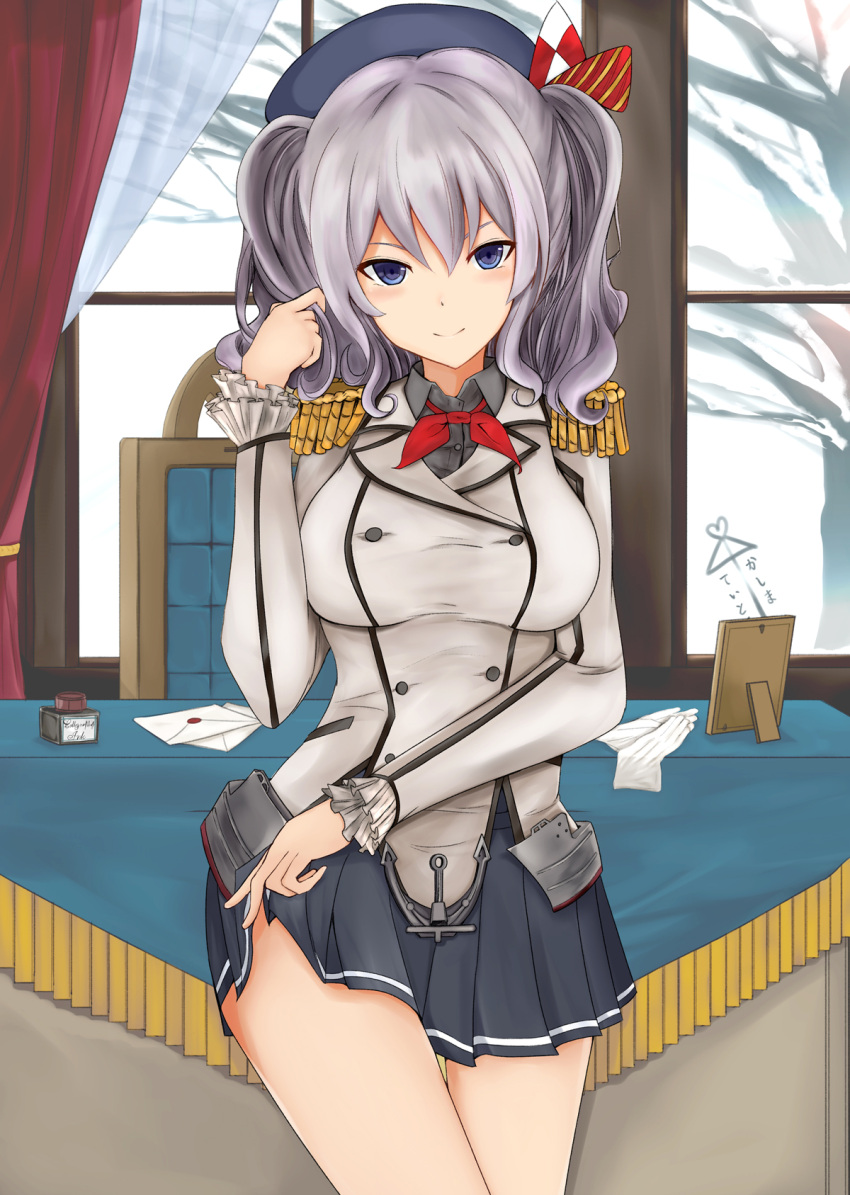 1girl artist_request blue_eyes blush breasts epaulettes gloves gloves_removed highres inkwell kantai_collection kashima_(kantai_collection) letter picture_frame playing_with_hair silver_hair skirt skirt_lift smile snow solo thighs