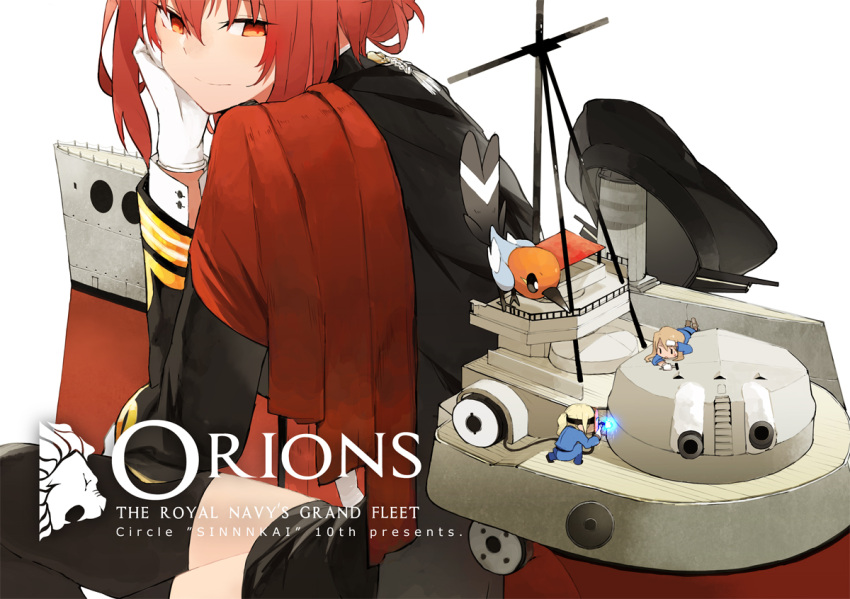 1girl bird cannon chin_rest fairy_(kantai_collection) fletchling gloves hair_bun hand_on_own_cheek hat hms_orion_(siirakannu) kantai_collection looking_back machinery original peaked_cap pokemon red_eyes redhead siirakannu simple_background sitting solo thigh-highs welding white_background