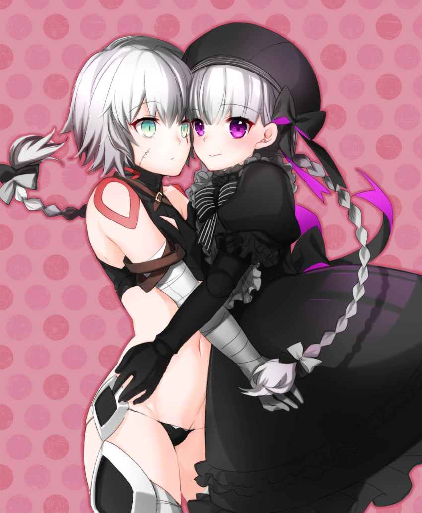 2girls alice_(fate/extra) assassin_of_black blue_eyes braid doll_joints dress fate/apocrypha fate/extra fate/grand_order fate_(series) hat highres long_hair midriff multiple_girls navel nursery_rhyme_(fate/grand_order) scar short_hair silver_hair thong twin_braids violet_eyes ycco_(estrella)