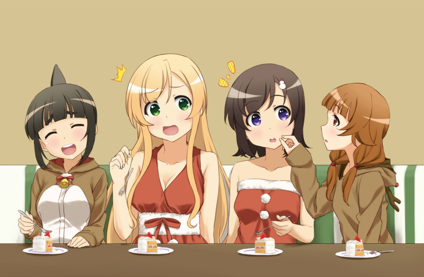 /\/\/\ 4girls :d ^_^ animal_costume blonde_hair brown_hair cake christmas christmas_cake closed_eyes collarbone costume food fork fruit futsuu_no_joshikousei_ga_locodol_yattemita green_eyes hair_ornament kohinata_yukari long_hair low_twintails mikoze_yui multiple_girls nazukari_mirai open_mouth parted_lips plate red_eyes reindeer_costume shikousakugo shirt sleeveless sleeveless_shirt smile snowman_hair_ornament strawberry table teeth twintails usami_nanako violet_eyes