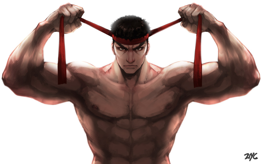 1boy aaa_(september_breeze) abs artist_name backlighting black_hair brown_eyes headband highres male_focus muscle ryuu_(street_fighter) shirtless signature solo street_fighter upper_body