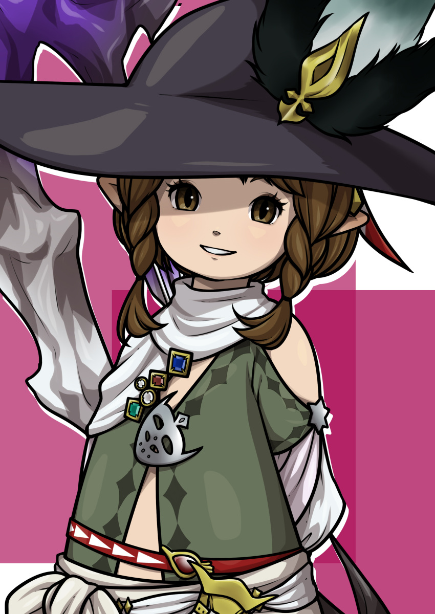 1girl absurdres arms_behind_back braid brown_eyes brown_hair final_fantasy final_fantasy_xiv hat highres lalafell long_hair pointy_ears shirt smile solo staff twin_braids weapon witch_hat