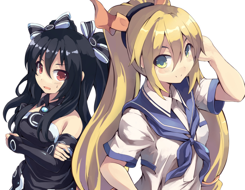 2girls bare_shoulders black_hair blonde_hair blush character_request copyright_request gloves hair_ornament hairband highres long_hair looking_at_viewer multiple_girls neptune_(series) nomalandnomal open_mouth red_eyes smile sweatdrop uni_(choujigen_game_neptune) yellow_eyes