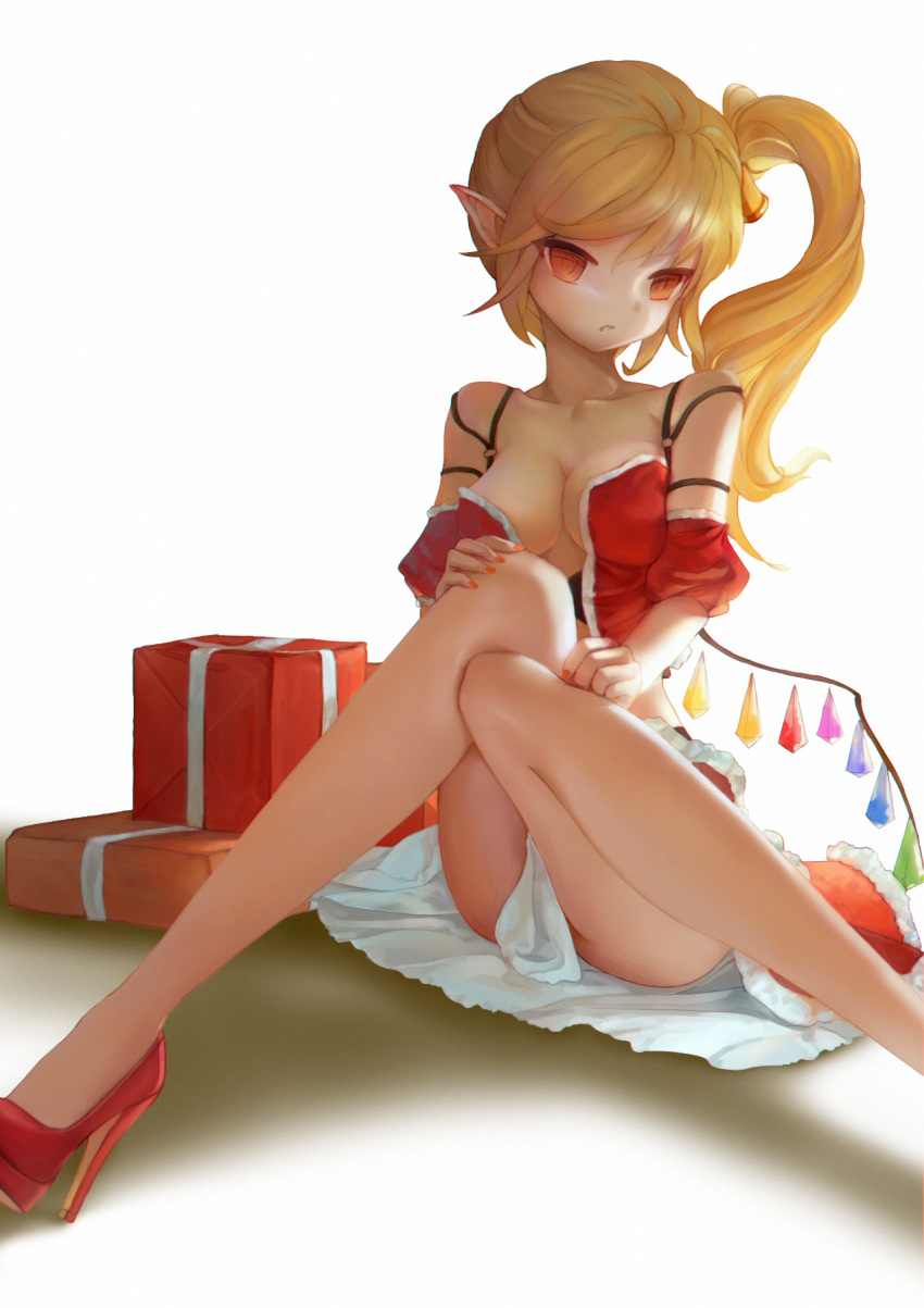 1girl alternate_breast_size alternate_costume bangs bell belt blonde_hair box breasts christmas cleavage collarbone crossed_legs detached_sleeves flandre_scarlet gift gift_box hair_bell hair_ornament hand_on_own_knee head_tilt high_heels highres long_hair midriff nail_polish pointy_ears pupil_g red_nails red_skirt ribbon shadow side_ponytail sitting skirt slit_pupils solo touhou tsurime underwear upskirt white_background wings