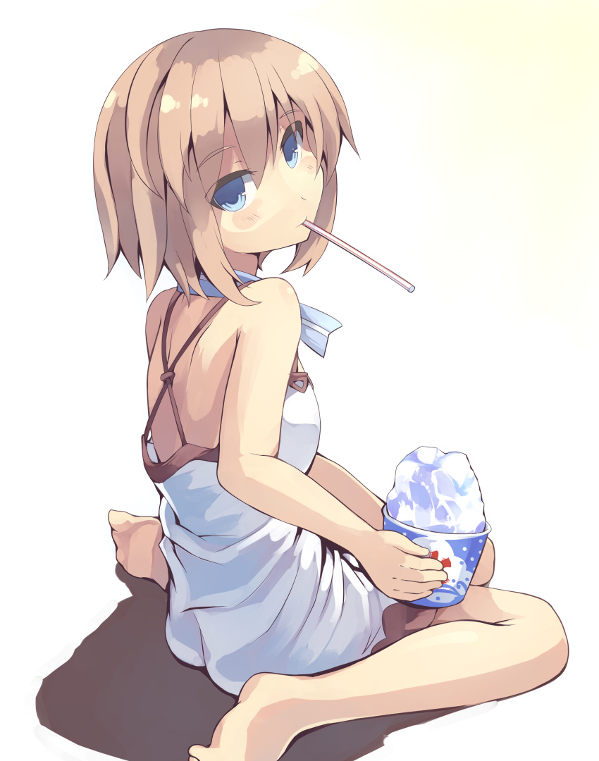 1girl absurdres bare_back bare_shoulders blanc blue_eyes blush brown_hair drinking_straw hat highres in_mouth looking_at_viewer neptune_(series) nomalandnomal shaved_ice short_hair sitting solo wariza