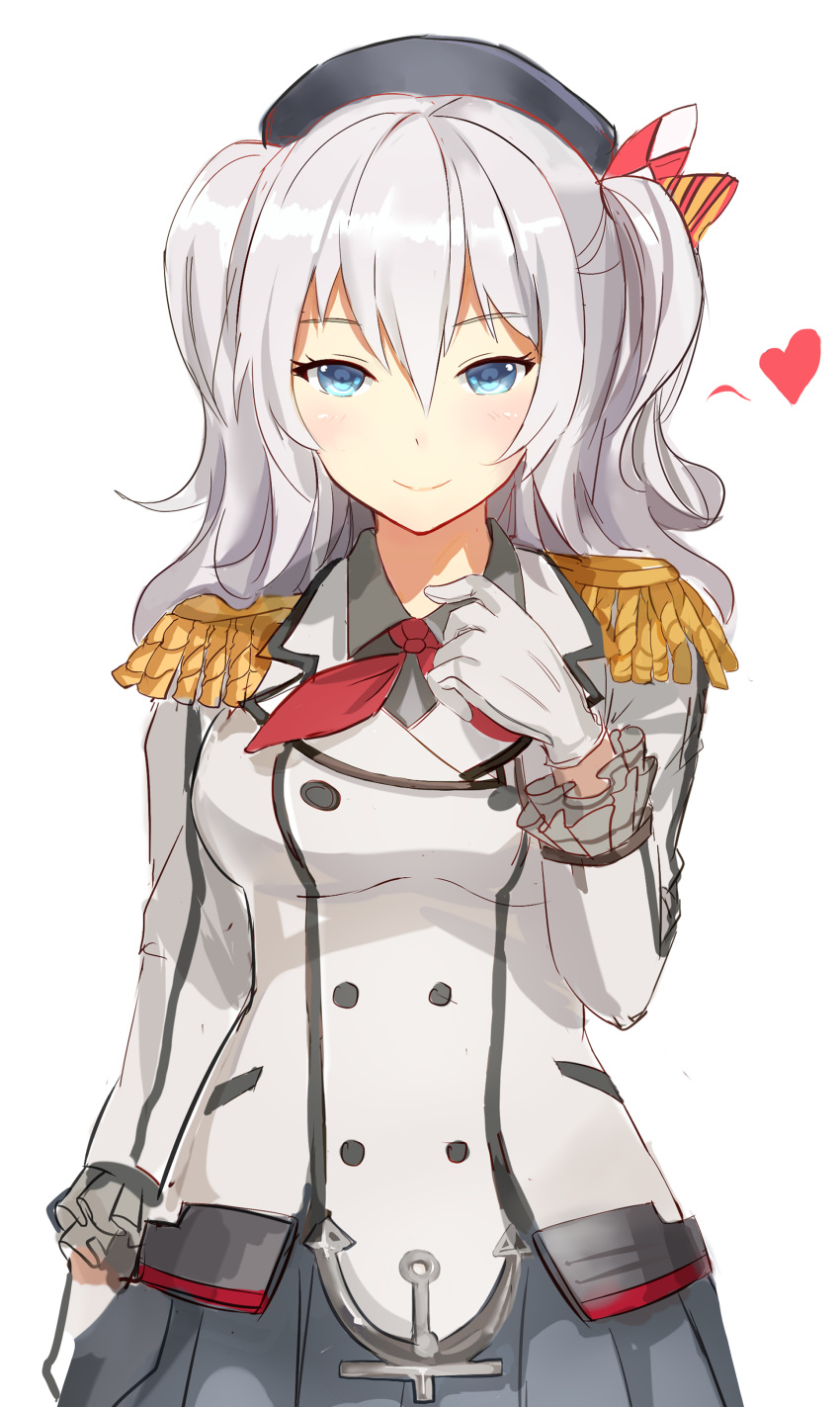 1girl absurdres annnna blue_eyes gloves hat heart highres kantai_collection kashima_(kantai_collection) long_hair looking_at_viewer silver_hair simple_background smile solo uniform white_background white_gloves