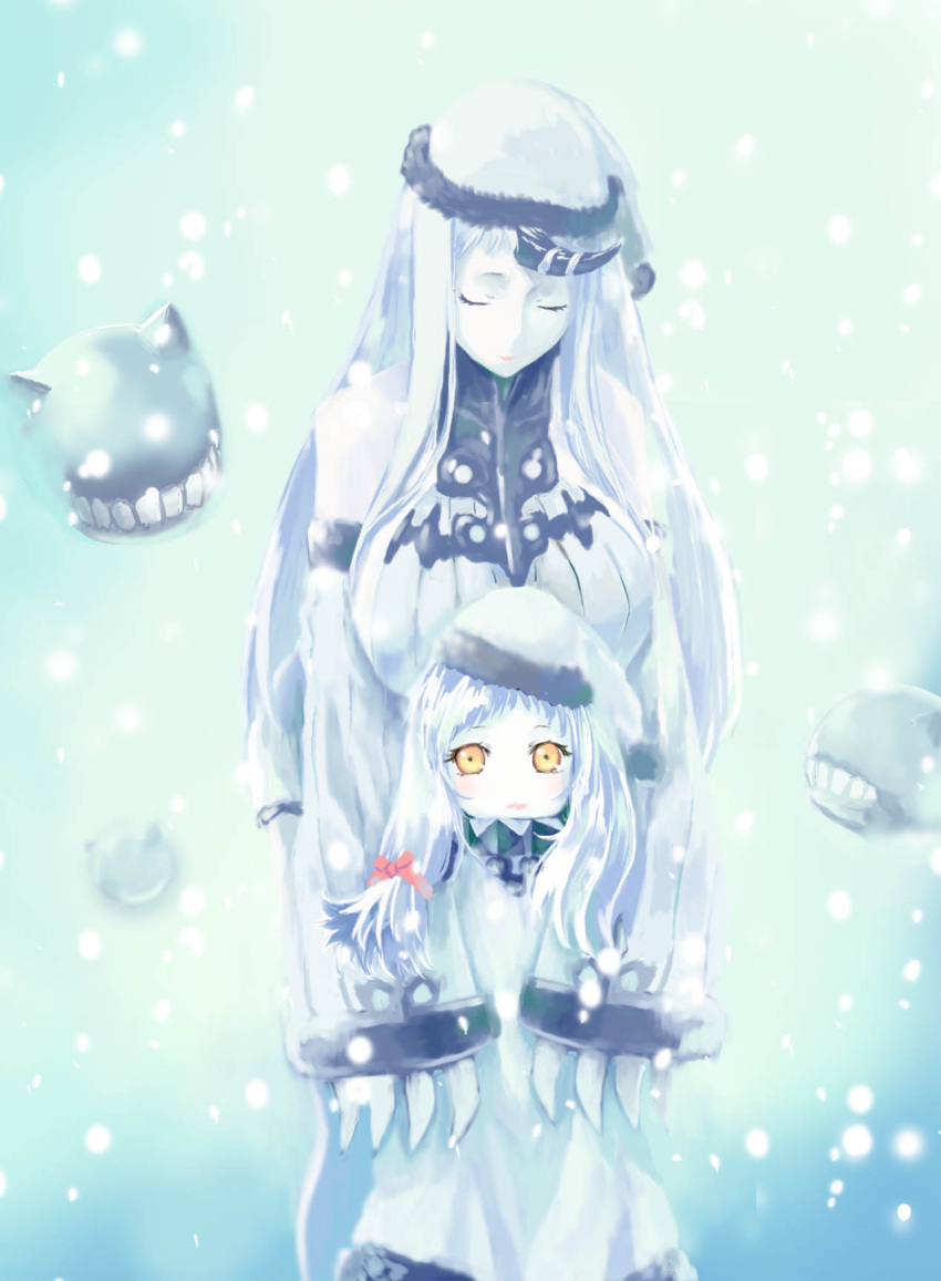 breasts claws closed_eyes dress enemy_aircraft_(kantai_collection) hair_ribbon hat height_difference highres horn hug hug_from_behind kantai_collection kohige large_breasts long_hair looking_at_viewer mittens northern_ocean_hime ribbed_dress ribbon santa_hat seaport_hime snowing white_dress white_hair white_skin yellow_eyes
