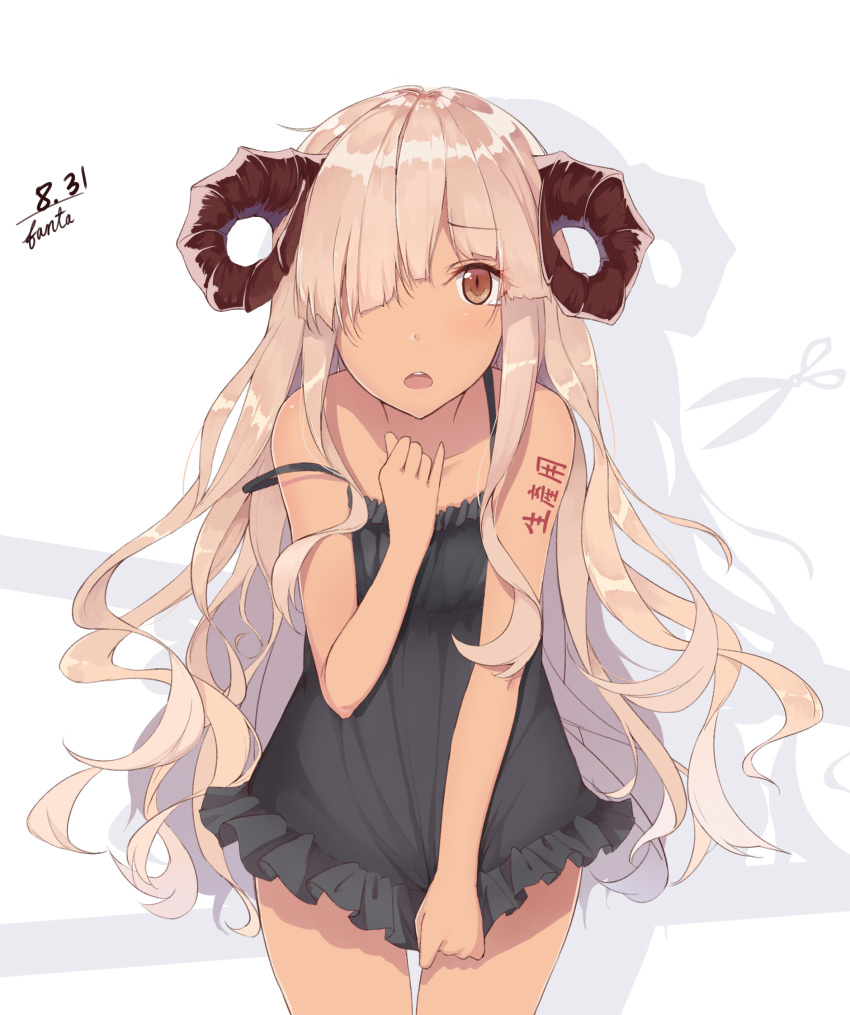 1girl artist_name blush body_writing brown_eyes brown_hair covering covering_crotch cowboy_shot dark_skin dated fanta_(tanghaodatou2) frills hair_over_one_eye highres horns lingerie long_hair negligee number open_mouth original scissors sheep_horns silhouette solo strap_slip tears translated underwear very_long_hair white_background
