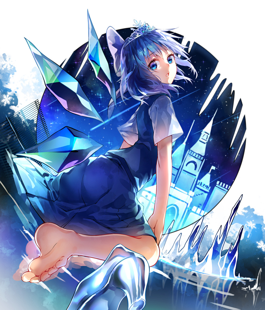 1girl arched_back bangs barefoot blue blue_bow blue_eyes blue_hair blue_skirt blue_vest bow castle cinderella cirno fence glass_slipper hair_bow high_heels highres ice ice_shoes ice_wings looking_back reflection shoes_removed shooting_star short_hair sitting skirt sky snowflakes soles solo star_(sky) starry_sky tiara touhou uu_uu_zan wings