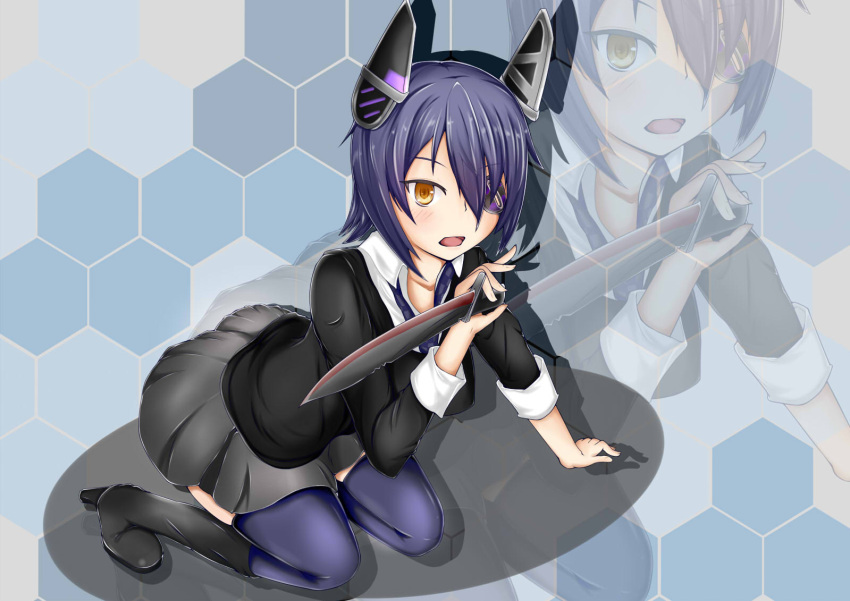 1girl artist_request blush breasts collarbone eyepatch headgear kantai_collection large_breasts looking_at_viewer multiple_girls necktie open_mouth purple_hair purple_legwear school_uniform short_hair solo sword tenryuu_(kantai_collection) thigh-highs weapon yellow_eyes zoom_layer