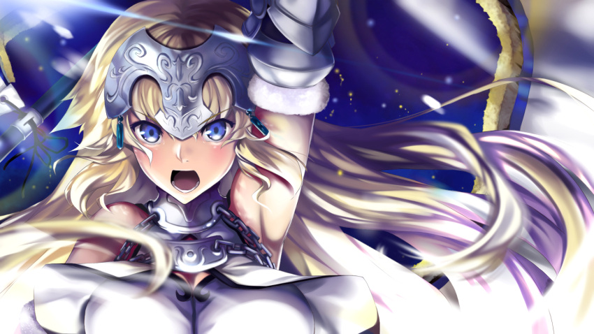 1girl arm_up armor bare_shoulders blonde_hair blue_eyes breasts chain close-up detached_sleeves ep_(emio_parn) fate/grand_order fate_(series) headpiece highres jeanne_d'arc long_hair open_mouth ruler_(fate/apocrypha) solo upper_body