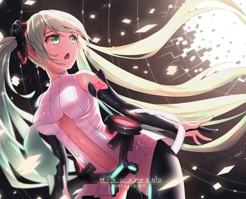 1girl 2015 bridal_gauntlets bu_li center_opening character_name dated floating_hair green_eyes green_hair hatsune_miku long_hair miku_append navel necktie open_mouth solo twintails very_long_hair vocaloid vocaloid_append