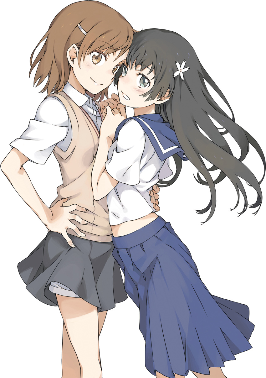 2girls black_hair blue_skirt brown_eyes brown_hair flower hair_flower hair_ornament highres long_hair misaka_mikoto multiple_girls pleated_skirt saten_ruiko school_uniform skirt smile to_aru_kagaku_no_railgun to_aru_majutsu_no_index transparent_background