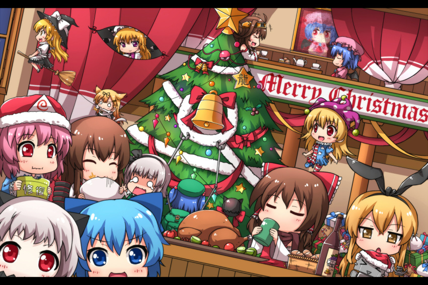 &gt;_&lt; +++ /\/\/\ 6+girls :3 :d ^_^ ahoge akagi_(kantai_collection) american_flag_dress american_flag_legwear anchor_hair_ornament ascot backpack bag bell blonde_hair blue_eyes blue_hair bone bottle bow box bread broom bucket candy candy_cane chibi christmas christmas_tree cirno closed_eyes clownpiece covered_mouth crossover crying crying_with_eyes_open cup detached_sleeves drinking eating enemy_aircraft_(kantai_collection) flying food gap gift gift_box gloom_(expression) hair_bobbles hair_bow hair_flaps hair_ornament hair_ribbon hair_tubes hairband hairclip hakama hakurei_reimu hat highres holding horns japanese_clothes jester_cap kaiyi kantai_collection kawashiro_nitori kirisame_marisa komeiji_satori kongou_(kantai_collection) konpaku_youmu konpaku_youmu_(ghost) long_hair looking_at_viewer machinery merry_christmas mismatched_legwear mittens mob_cap mouth_hold multiple_girls nontraditional_miko northern_ocean_hime o_o open_mouth painting_(object) pale_skin pink_hair red_eyes remilia_scarlet remodel_(kantai_collection) rensouhou-chan ribbon riding saigyouji_yuyuko santa_hat scarf shimakaze_(kantai_collection) shinkaisei-kan short_hair silver_hair smile tasuki teacup tears third_eye touhou translation_request triangular_headpiece turkey_(food) turret two_side_up wavy_mouth white_hair witch_hat xd yakumo_yukari yellow_eyes yunomi yuudachi_(kantai_collection)