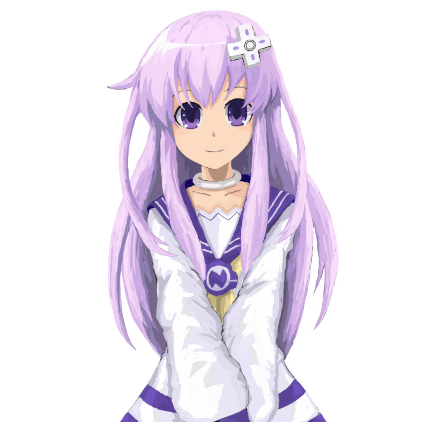 1girl blush d-pad hair_ornament highres kmd long_hair looking_at_viewer nepgear neptune_(series) purple_hair smile solo violet_eyes