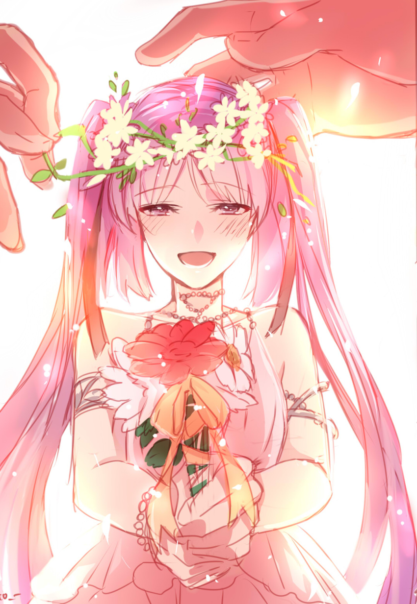 1girl :d bangle blush bracelet dress euryale fate/grand_order fate_(series) flower highres jewelry long_hair necklace open_mouth purple_hair smile solo_focus twintails wreath ycco_(estrella)