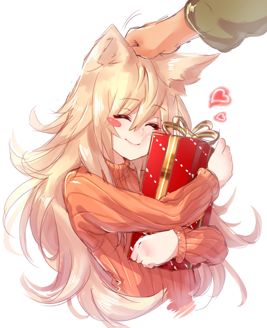 1girl ^_^ absurdres animal_ears blonde_hair blush_stickers breasts cleavage closed_eyes dio_uryyy gift heart highres long_hair original petting simple_background smile solo_focus sweater white_background