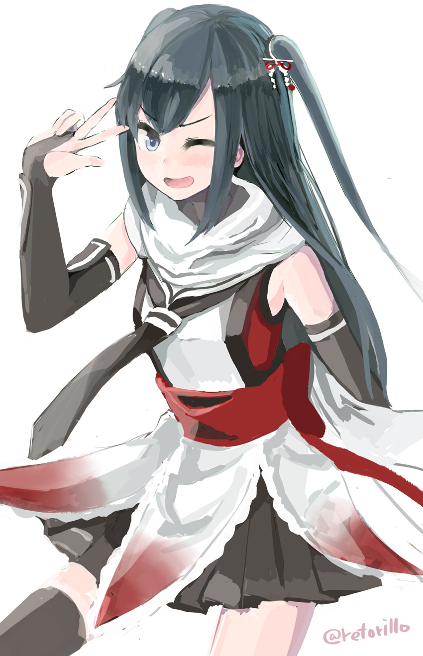 &gt;;d 1girl ;d asashio_(kantai_collection) black_hair black_legwear black_skirt blush bridal_gauntlets elbow_gloves gloves hair_ornament highres kantai_collection long_hair neckerchief one_eye_closed open_mouth remodel_(kantai_collection) retorillo scarf sendai_(kantai_collection) sendai_(kantai_collection)_(cosplay) sketch skirt smile solo thigh-highs twintails v very_long_hair