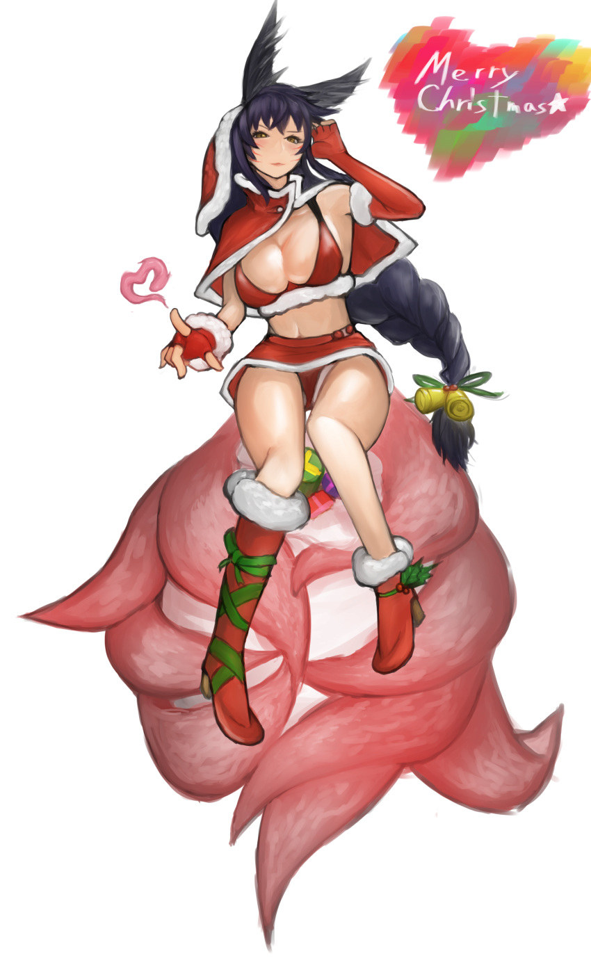 1girl absurdres ahri animal_ears bikini_top blue_hair braid breasts capelet cleavage fingerless_gloves fox_ears fox_tail full_body gloves hat highres large_breasts league_of_legends light_smile long_hair looking_at_viewer midriff miniskirt multiple_tails panties pantyshot red_clothes santa_hat shima_(akkirasetsu_op) single_boot single_braid single_elbow_glove skirt solo tail underwear very_long_hair whisker_markings yellow_eyes