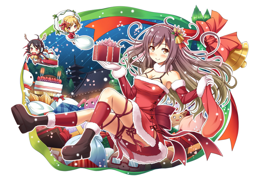 3girls akashio_(loli_ace) animal_costume antlers architecture asymmetrical_wings bag bare_shoulders bell black_hair blonde_hair blush_stickers boots box breasts cake christmas_stocking cleavage detached_sleeves east_asian_architecture food gift gift_box glasses gradient_hair hair_bell hair_ornament hairband heart highres hijiri_byakuren holly houjuu_nue large_breasts leg_ribbon long_hair multicolored_hair multiple_girls pagoda purple_hair red-framed_glasses red_eyes reindeer_antlers reindeer_costume ribbon sack santa_costume short_hair simple_background sleigh smile touhou upskirt very_long_hair white_background wings