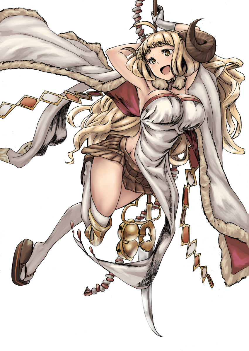 1girl ahoge anila_(granblue_fantasy) blonde_hair breasts cleavage eyebrows gloves granblue_fantasy highres horns large_breasts long_hair sandals sheep_horns simple_background smile socks solo thick_eyebrows thighs tomiokasena very_long_hair white_background white_gloves white_legwear