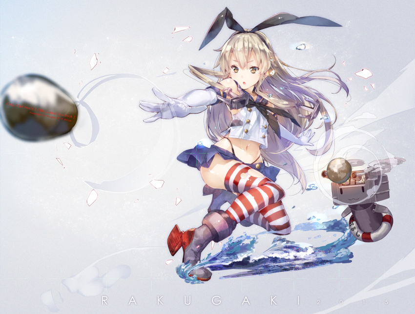 1girl :o blonde_hair elbow_gloves firing floater gloves gradient gradient_background green_eyes kantai_collection kneeling long_hair miniskirt navel outstretched_arms projectile rensouhou-chan rudder_shoes sailor sailor_collar shimakaze_(kantai_collection) skirt thigh-highs thong torn_clothes torn_thighhighs water yuugen