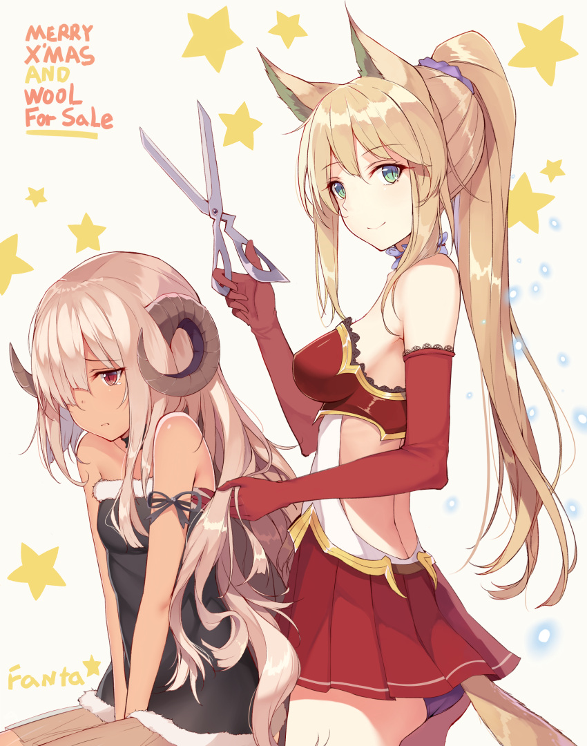 2girls absurdres animal_ears arm_ribbon between_legs blush breasts brown_hair choker christmas cutting_hair dark_skin elbow_gloves english fanta_(tanghaodatou2) from_side frown gloves green_eyes hair_ornament hair_over_one_eye hair_scrunchie hand_between_legs hand_in_another's_hair highres holding horns light_particles long_hair merry_christmas multiple_girls original panties pleated_skirt ponytail purple_panties red_eyes red_gloves ribbon scissors scrunchie sheep_horns sitting skirt slit_pupils smile star starry_background tail tears underwear v_arms very_long_hair white_background
