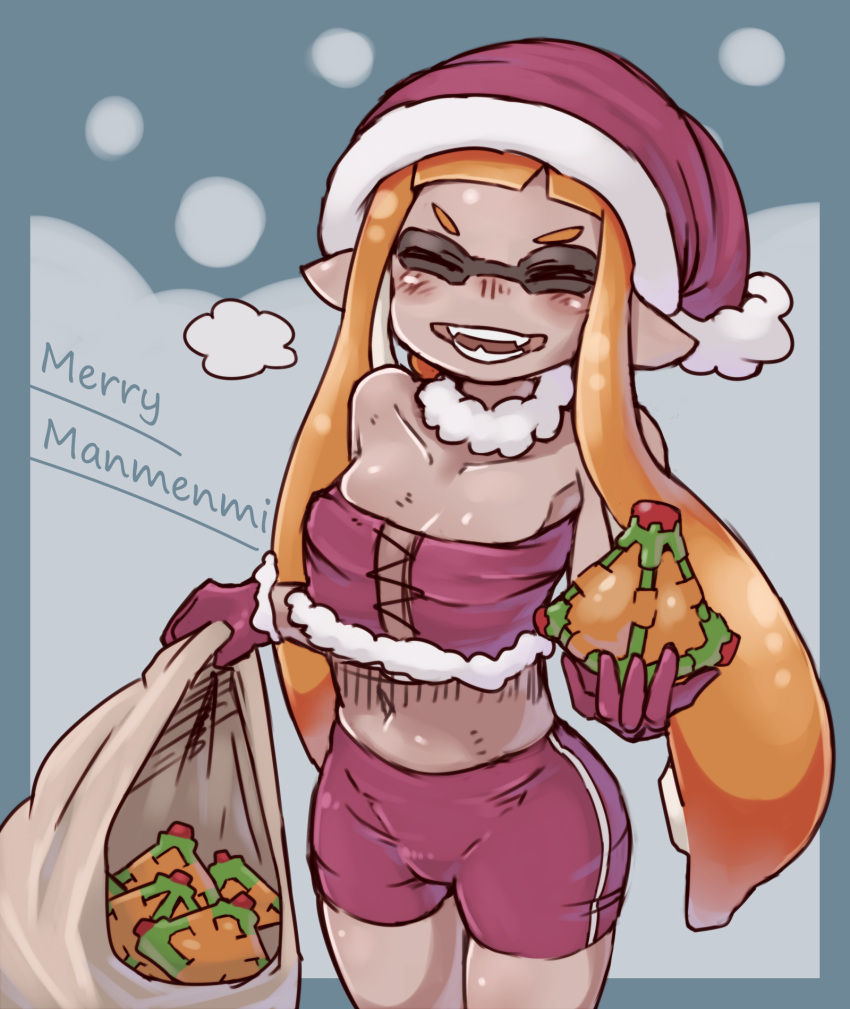 1girl alternate_breast_size bare_shoulders bike_shorts bomb breasts christmas closed_eyes collarbone domino_mask fangs gloves grin hat highres inkling mask navel open_mouth orange_hair pointy_ears red_gloves sack santa_hat smile solo splatoon strapless tentacle_hair tentacles yeti_(mu_kaiten)