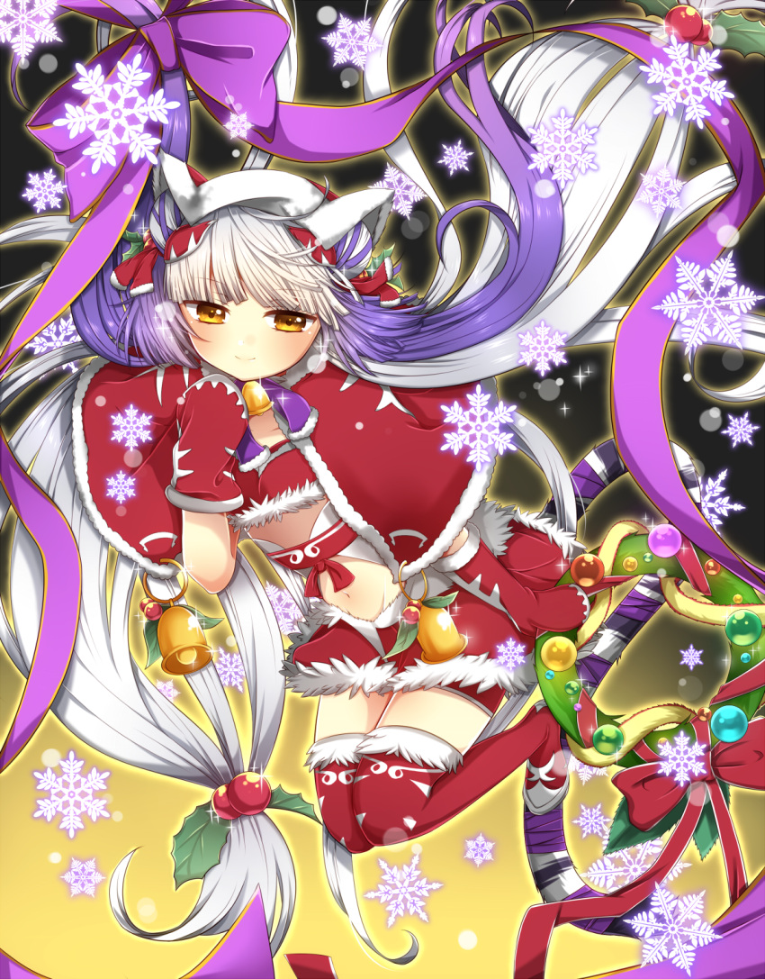 1girl akiran'nu bell boots bow brown_eyes capelet christmas christmas_wreath double_bun hair_bow haku_(p&amp;d) highres holly_hair_ornament hooded_jacket long_hair midriff mittens multicolored_hair navel purple_hair puzzle_&amp;_dragons santa_costume shorts_under_skirt smile snowflakes solo tail thigh-highs thigh_boots tiger_tail twintails two-tone_hair very_long_hair white_hair