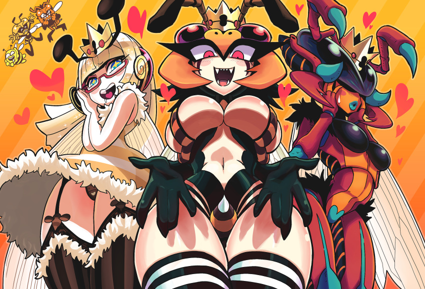 3girls antennae bee_girl blonde_hair blue_eyes blue_lipstick breasts compound_eyes crown fangs from_below gashi-gashi glasses hands_on_own_face highres insect_girl insect_wings large_breasts lipstick makeup mini_crown monster_girl multiple_girls no_pupils original outstretched_arms over-kneehighs phallic_symbol red-framed_glasses semi-rimless_glasses striped striped_legwear thigh-highs under-rim_glasses upskirt vertical-striped_legwear vertical_stripes wings