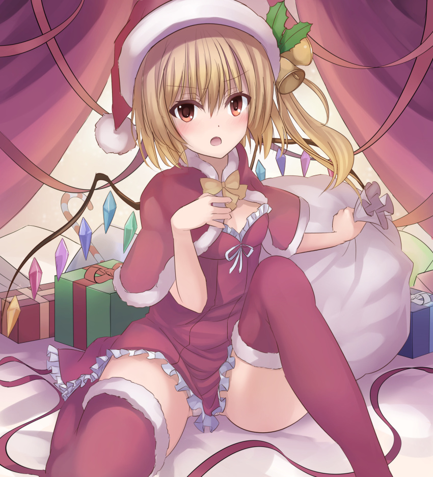 &gt;:o 1girl :o blonde_hair blush capelet christmas colored_eyelashes dress flandre_scarlet gift gift_bag hair_between_eyes hand_on_own_chest hat highres janne_cherry looking_at_viewer open_mouth red_dress red_eyes red_legwear santa_hat short_dress short_hair side_ponytail sitting solo thigh-highs thighs touhou