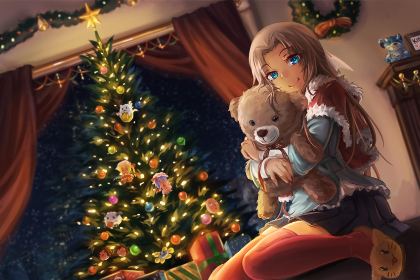1girl arin_hanson bat_wings blonde_hair blue_eyes blush box capelet cat_slippers character_doll christmas_ornaments christmas_tree crossover dan_avidan doll_hug fang flandre_scarlet flowey_(undertale) freeze-ex game_grumps gift gift_box league_of_legends looking_at_viewer merry_christmas multiple_crossover onepunch_man otoko_no_ko poro_(league_of_legends) puzzle_&amp;_dragons red_legwear remilia_scarlet saitama_(onepunch_man) shirt sitting skirt smile solo stuffed_animal stuffed_toy tamadra teddy_bear thigh-highs touhou undertale wariza wings zettai_ryouiki