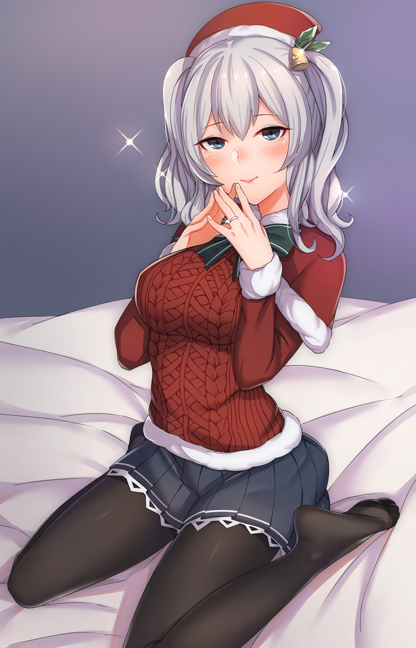 1girl breasts hair_ornament hat highres inuhasiru jewelry kantai_collection kashima_(kantai_collection) large_breasts long_hair miniskirt pantyhose pleated_skirt ring silver_hair skirt smile solo sweater twintails wedding_band