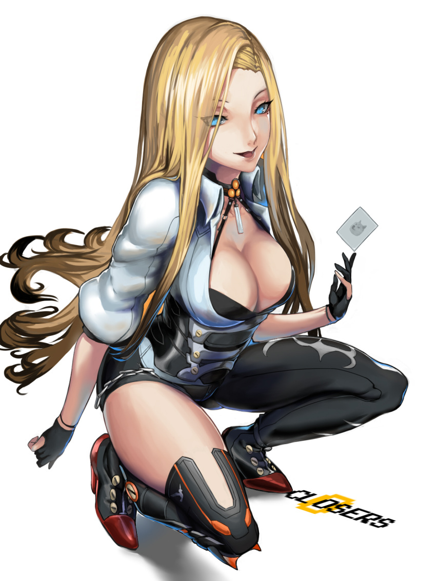 1girl arm_at_side ass_visible_through_thighs asymmetrical_legwear bangs black_bra black_gloves black_legwear blonde_hair blue_eyes bra breasts card chain cleavage closed_mouth closers copyright_name corset dog_print doge full_body gloves greaves half_gloves harpy_(closers) highres jewelry kumiko_(aleron) lipstick long_hair looking_at_viewer makeup mole mole_under_eye parted_bangs pendant shirt short_shorts shorts simple_background smile solo squatting underwear very_long_hair white_background white_shirt